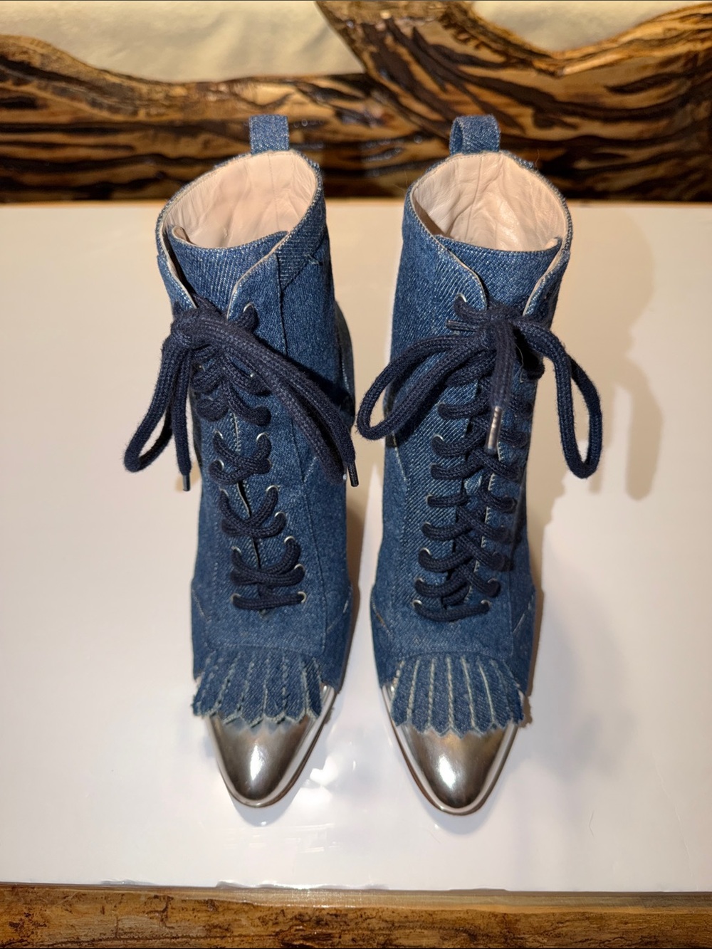 Manolo Blahnik Dancehall Cowgirl Denim Lace-Up Ankle Boots with Silver Toe 7.5
